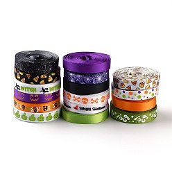 Mixed Color 16 Rolls Halloween Satin Ribbon, Polyester Ribbin, for Gift Packaging, Halloween Themed Pattern, Mixed Color, 3/8 inch(9mm), about 5 yards/roll(4.57m/roll)