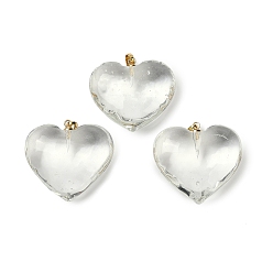 Прозрачный Подвески лэмпворк ручной работы, с реечной накладкой из латуни с золотистым напылением, долговечный, шарма сердца, прозрачные, 28.5x30.5x12.5 мм, отверстие : 6 мм