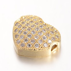 Golden Heart Brass Micro Pave Cubic Zirconia Beads, Lead Free & Nickel Free, Golden, 10x11.5x4mm, Hole: 1.5mm