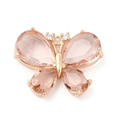 Light Peach K9 Glass Pendants, with Light Gold Brass Finding, Faceted Butterfly Charms, Light Peach, 21x27.5x5mm, Hole: 1.6mm