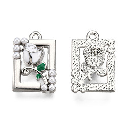 White Rack Plating Alloy Enamel Pendants, with ABS Imitation Pearls Beads, Cadmium Free & Lead Free, Rectangle with Rose, Platinum, White, 18.5x12.5x4mm, Hole: 1.2mm