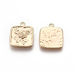 Real 18K Gold Plated Square with Rose Pattern Brass Pendants, Nickel Free, Real 18K Gold Plated, 16x13.5x1.5mm, Hole: 1.2mm
