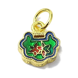 Green Rack Plating Brass Enamel Pendants, with Jump Ring, Long-Lasting Plated, Lead Free & Cadmium Free, Real 18K Gold Plated, Auspicious Cloud Lock Charm, Green, 10x8.5x2.3mm, Hole: 3.4mm