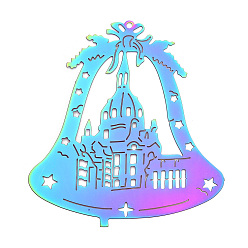 Rainbow Color Рождественская тема 201 большие подвески из нержавеющей стали, гравированные металлические украшения, рождественский колокольчик, Радуга цветов, 72.5x65x0.3 мм, отверстие : 2 мм