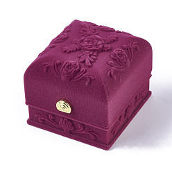 Medium Violet Red Rose Flower Pattern Velvet Ring Jewelry Boxes, with Cloth and Plastic, Rectangle, Medium Violet Red, 6.3x7.4x5.7cm