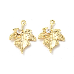 Real 18K Gold Plated Brass Pendant with Clear Glass, Maple Leaf Charms, Real 18K Gold Plated, 20x15x2mm, Hole: 1.2mm
