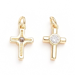 Golden Brass Micro Pave Cubic Zirconia Tiny Cross Charms, with Jump Ring, Long-Lasting Plated, Clear, Golden, 12.5x7.8x2.2mm, Hole: 2.5mm