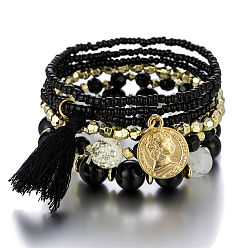 Black B0055-1 Multi-layered Pearl Bracelet with Coin Charm and Tassel Detail