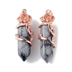 Снежный Обсидиан Подвески из натурального снежного обсидиана, подвески с гранеными пулями, с покрытием из розового золота из сплава с розовым покрытием, без кадмия и без свинца, 47~49.5x16.5x16 мм, отверстие : 8x5 мм