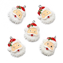 White Opaque Resin Pendants, with Platinum Tone Iron Loops, Christmas Theme, Santa Claus, White, 31x23x7.5mm, Hole: 1.8mm
