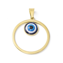Midnight Blue Vacuum Plating 304 Stainless Steel Resin Pendants, Golden, Ring Charms with Evil Eye, Midnight Blue, 37x33.5x4mm, Hole: 9x4.5mm