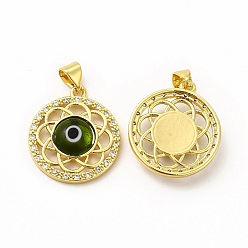 Dark Olive Green Rack Plating Brass Micro Pave Clear Cubic Zirconia Pendants, with Handmade Evil Eye Lampwork, Cadmium Free & Lead Free, Long-Lasting Real 18K Gold Plated, Flat Round with Flower Charm, Dark Olive Green, 21.5x19x4.5mm, Hole: 4.5x3.5mm