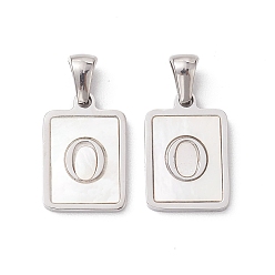 Letter O 304 Stainless Steel Pave Shell Pendants, Rectangle Charm, Stainless Steel Color, Letter O, 17.5x12x1.5mm, Hole: 3x5mm