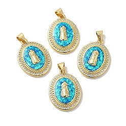 Real 18K Gold Plated Rack Plating Brass Micro Pave Cubic Zirconia with Synthetic Opal Pendants, with Jump Ring, Lead Free & Cadmium Free, Long-Lasting Plated, Oval with Saint, Real 18K Gold Plated, 23x17x4.1mm, Hole: 5x3.6mm