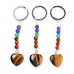 Tiger Eye Natural Tiger Eye Heart Pendant Keychain, with 7 Chakra Gemstone Beads and Platinum Tone Brass Findings, 10cm