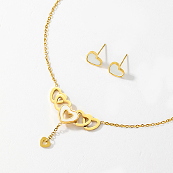 Heart Golden Stainless Steel Jewelry Set, Pendant Necklaces & Stud Earrings, Heart, Necklace: 450mm, Earring: 10mm