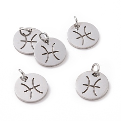 Pisces 304 Stainless Steel Charms, Flat Round with Constellation/Zodiac Sign, Pisces, 12x1mm, Hole: 3mm
