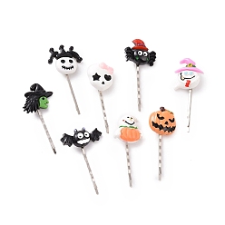 Mixed Color Halloween Themed Opaque Resin Hair Bobby Pin, with Iron Pin, Ghost & Pumpkin & Spider, Mixed Shapes, Mixed Color, 57~64mm, 8pcs/set