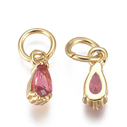 Deep Pink Brass Micro Pave Cubic Zirconia Charms, with Jump Ring, Long-Lasting Plated, Real 18K Gold Plated, Faceted, Teardrop, Deep Pink, 8x3x3mm, Hole: 3mm