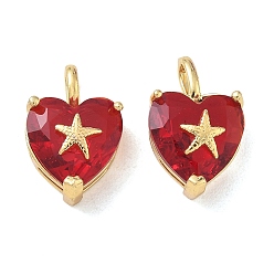 Red Ocean Theme Brass & Glass Pendants, Faceted Heart with Starfish Charm, Real 18K Gold Plated, Red, 19x12x7.5~8.5mm, Hole: 5.5x2mm