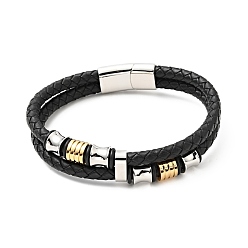 Noir Bracelet double couche tressé en cuir de vachette avec 304 fermoirs magnétiques en acier inoxydable, bijoux gothiques pour hommes femmes, noir, 10 pouce (25.5 cm)
