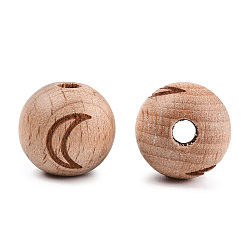 Moon Engraved Beech Wood Beads, Round, BurlyWood, Undyed, Round, Moon Pattern, 15~16x14.5~15mm, Hole: 3~4mm