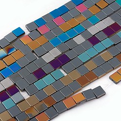 Mixed Color Electroplated Non-magnetic Synthetic Hematite Beads Strands, Half Plated, Flat Slice Square Beads, Mixed Color, 8x8x3mm, Hole: 0.8mm, about 53pcs/strand, 16.14 inch(41cm)