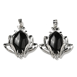 Обсидиан Природные подвески обсидиана, подвески-цветы со стойкой, фурнитура из латуни, платина, без кадмия и без свинца, 37x35x10 мм, отверстия : 8x5 mm и 1.6 мм