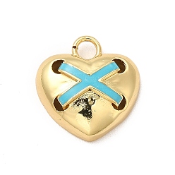 Deep Sky Blue Brass Enamel Charms, Cadmium Free & Lead Free, Golden, Heart with Cross Charm, Deep Sky Blue, 16.5x15.5x5.5mm, Hole: 3mm