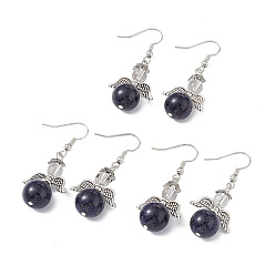 Blue Goldstone Synthetic Blue Goldstone Round Beaded Fairy Dangle Earrings, Platinum Brass Jewelry for Women, Cadmium Free & Lead Free, 45mm, Pin: 0.7mm
