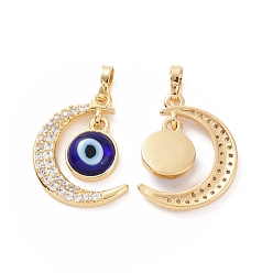 Blue Brass Micro Pave Cubic Zirconia Pendants, with Handmade Evil Eye Lampwork, Crescent Moon Charm, Real 18K Gold Plated, Blue, 23x16x4mm, Hole: 4x6mm