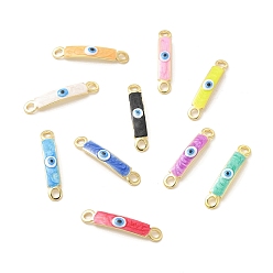 Mixed Color Brass Connector Charms, Curved Rectangle Links with Evil Eye Pattern, with Enamel, Real 18K Gold Plated, Long-Lasting Plated, Mixed Color, 30x5x2mm, Hole: 3mm