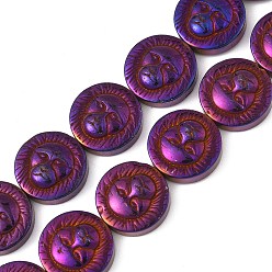 С Фиолетовым Покрытием Гальванические нити из синтетических немагнитных гематитовых бусин, плоский круг с вырезанной головой животного, с фиолетовым покрытием, 12x4 мм, отверстие : 0.8 мм, около 33 шт / нитка, 15.59~15.75'' (39.6~40 см)
