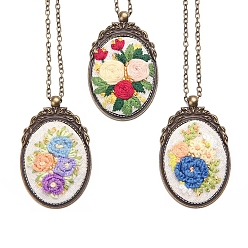 Light Yellow DIY Embroidery Oval with Flower Pattern Pendant Necklace Kits, Including Embroidery Cloth & Thread, Needle, Embroidery Hoop, Light Yellow, 120x120mm
