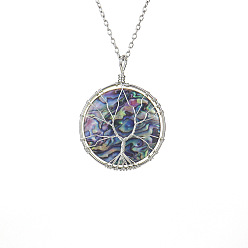 Silver Copper Wire Abalone TikTok Synthetic Abalone Shell Tree of Life Disc Pendant Necklace Fortune Tree Wrapped Wire Round Necklace N616