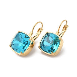 Cyan Glass Rectangle Leverback Earrings, Real 14K Gold Plated 304 Stainless Steel Jewelry, Cyan, 24x13.5x14mm, Pin: 0.8mm