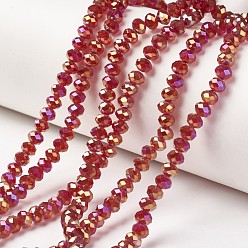 Dark Red Electroplate Transparent Glass Beads Strands, Full Rainbow Plated, Faceted, Rondelle, Dark Red, 4x3mm, Hole: 0.4mm, about 123~127pcs/strand, 16.5~16.9 inch(42~43cm)