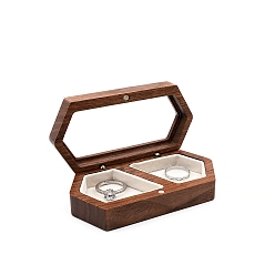 Floral White 2-Slot Hexagon Walnut Wood Magnetic Wedding Ring Gift Case, Clear Window Jewelry Box with Velvet Inside, for Couple Rings, Floral White, 10x5x2.8cm