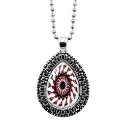 Brown Glass Teardrop with Mandala Flower Pendant Necklace with Ball Chains, Platinum Alloy Jewelry for Women, White, 23.62 inch(60cm)