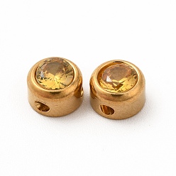 Gold Eco-Friendly 304 Stainless Steel Beads, with Glass, Flat Round, Gold, 6x4mm, Hole: 1.2mm
