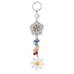 White Flower Resin Keychains, with Chakra Gemstone Chip and 304 Stainless Steel Split Key Rings and Tibetan Style Alloy Links, White, 14.5cm