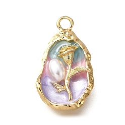 Сливовый Подвески из эмали и сплава, с ABS имитации жемчуга, овальные с цветком, стойки покрытие, долговечный, без свинца, без кадмии и без никеля, золотые, слива, 24.5x14x5 мм, отверстие : 2.1 мм