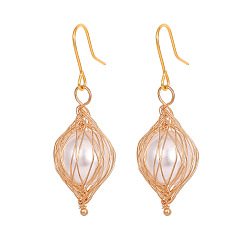 golden Baroque Pearl Earrings - Handmade Wire-wrapped Jewelry, Elegant and Chic Ear Hooks.