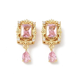 Pink Латунные микро проложить кубического циркония бусы, прямоугольник и слеза, реальный 18 k позолоченный, розовые, 23x10x6 мм, отверстие : 1.5 мм