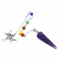 Amethyst Natural Amethyst Dowsing Pendulums, with Alloy Triple Moon Pentacle & Gemstone Beads & Brass Chain, Hexagonal Cone Pendant, 200mm