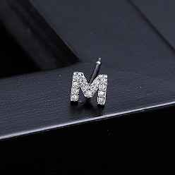 Letter M Platinum Brass Micro Pave Cubic Zirconia Stud Earrings, Initial Letter, Letter M, No Size