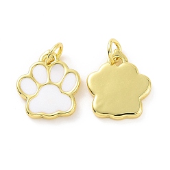 White Rack Plating Brass Enamel Charms, with Jump Ring, Long-Lasting Plated, Real 18K Gold Plated, Cadmium Free & Lead Free, Dog's Paw Print, White, 11.5x10x1.5mm, Jump Ring: 4x0.6mm, Inner Diameter: 2.5mm