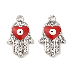 Rouge Platine plaqué pendentifs en émail d'alliage, avec strass, plaqué longue durée, Main de Hamsa avec breloque cœur et mauvais œil, rouge, 22.5x14.5x3mm, Trou: 2mm