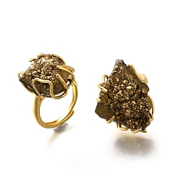 Темно-Золотистый Самородки гальванизированные натуральные агатовые кластерные кольца для пальцев, латунные регулируемые кольца, долговечный, без свинца и без кадмия, стойки покрытие, золотые, темные золотарник, внутренний диаметр: 18~19 мм