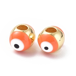 Dark Orange Evil Eyes Brass Enamel Beads, Cadmium Free & Lead Free, Real 18K Gold Plated, Oval, Dark Orange, 7x5.5mm, Hole: 2mm
